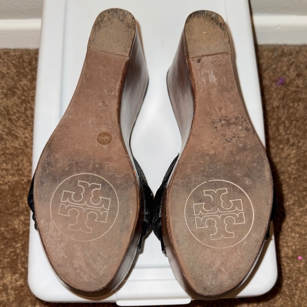 Tory Burch Black and Gold Wedge Sandals - Picture 10 of 10